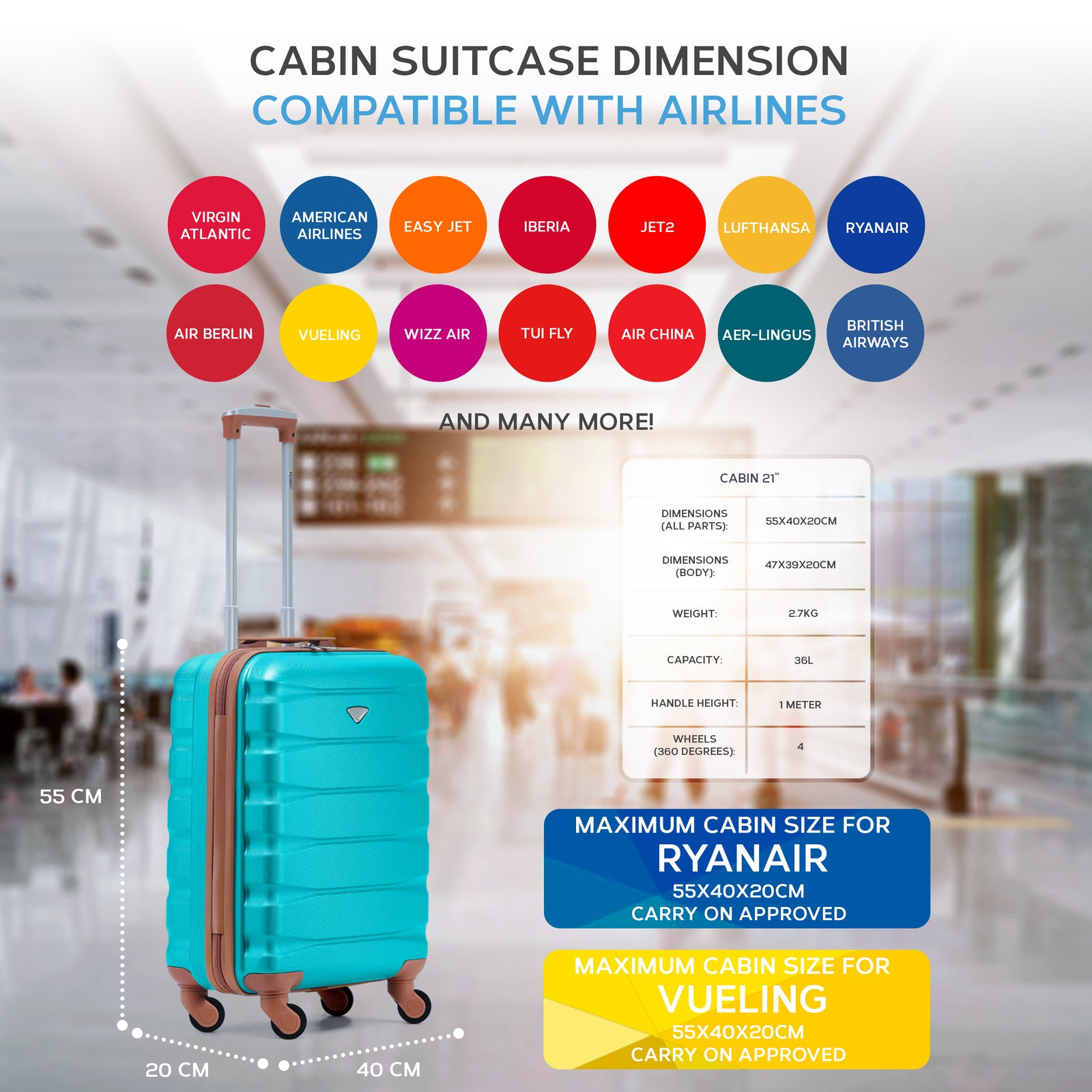 55x40x20cm Lightweight Luggage Hard Shell Cabin Suitcase 60+ Airlines Approved - Carry On Case - 4 Wheels | 55 x 40 x 20cm | Aqua