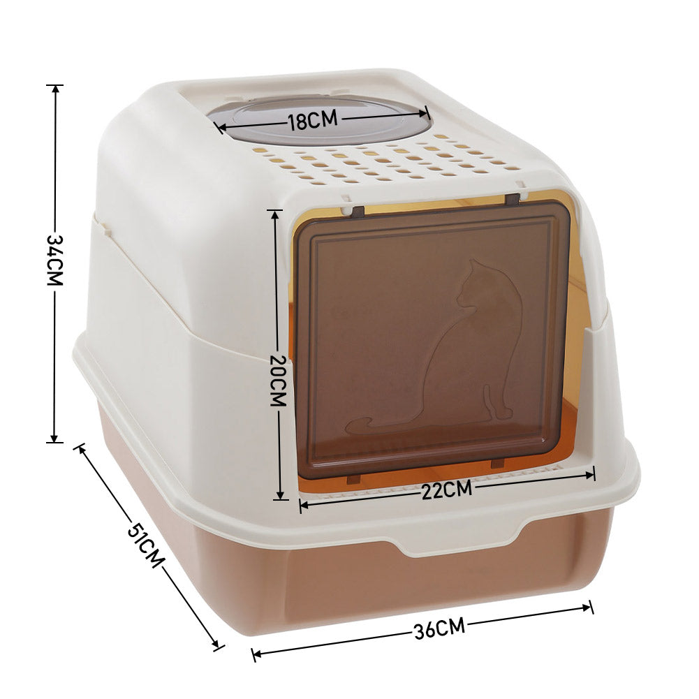 Large Hooded Top Entry Cat Litter Box With Scoop | Orange