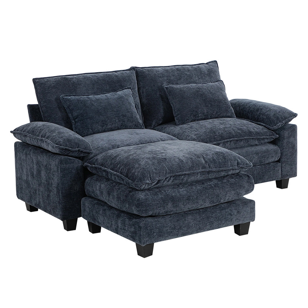 Chenille Sectional Sofa With Ottoman And Lumbar Pillows | Blue