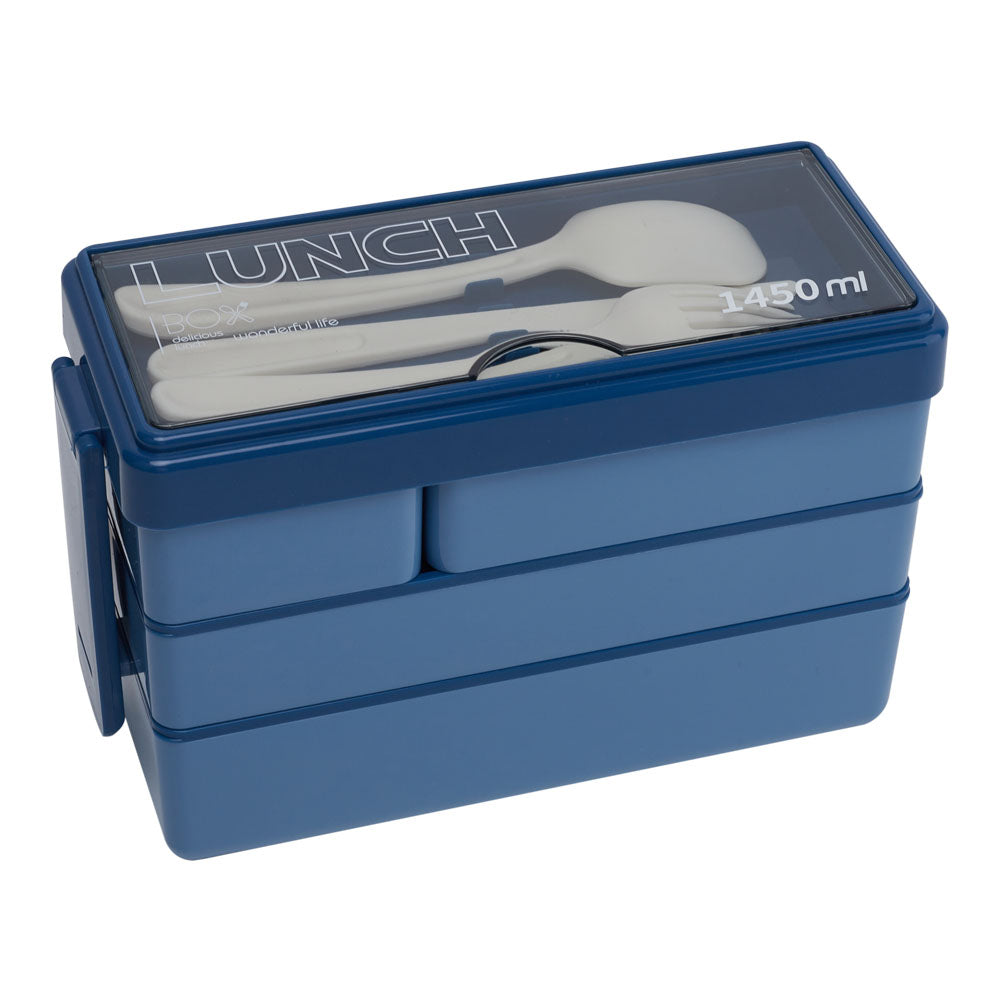 Bento-style Plastic Lunch Box With Cutlery 3-layer | Blue