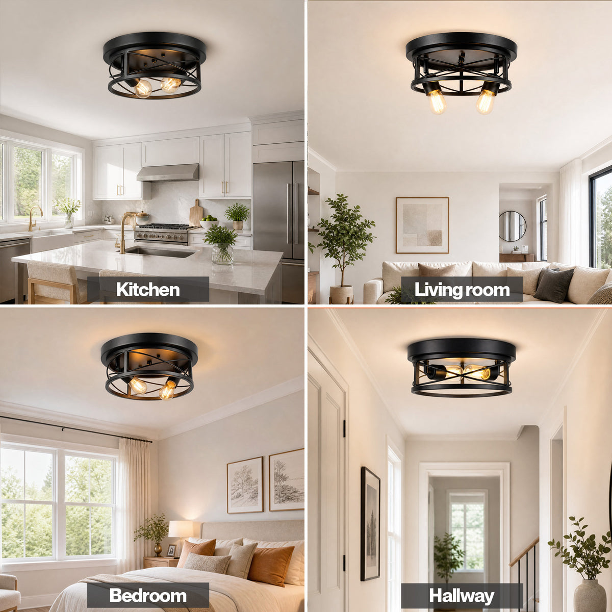 Emitto Ceiling Lights E27 Metal Cage 90° Adjustable Heads Kitchen Fixture Black