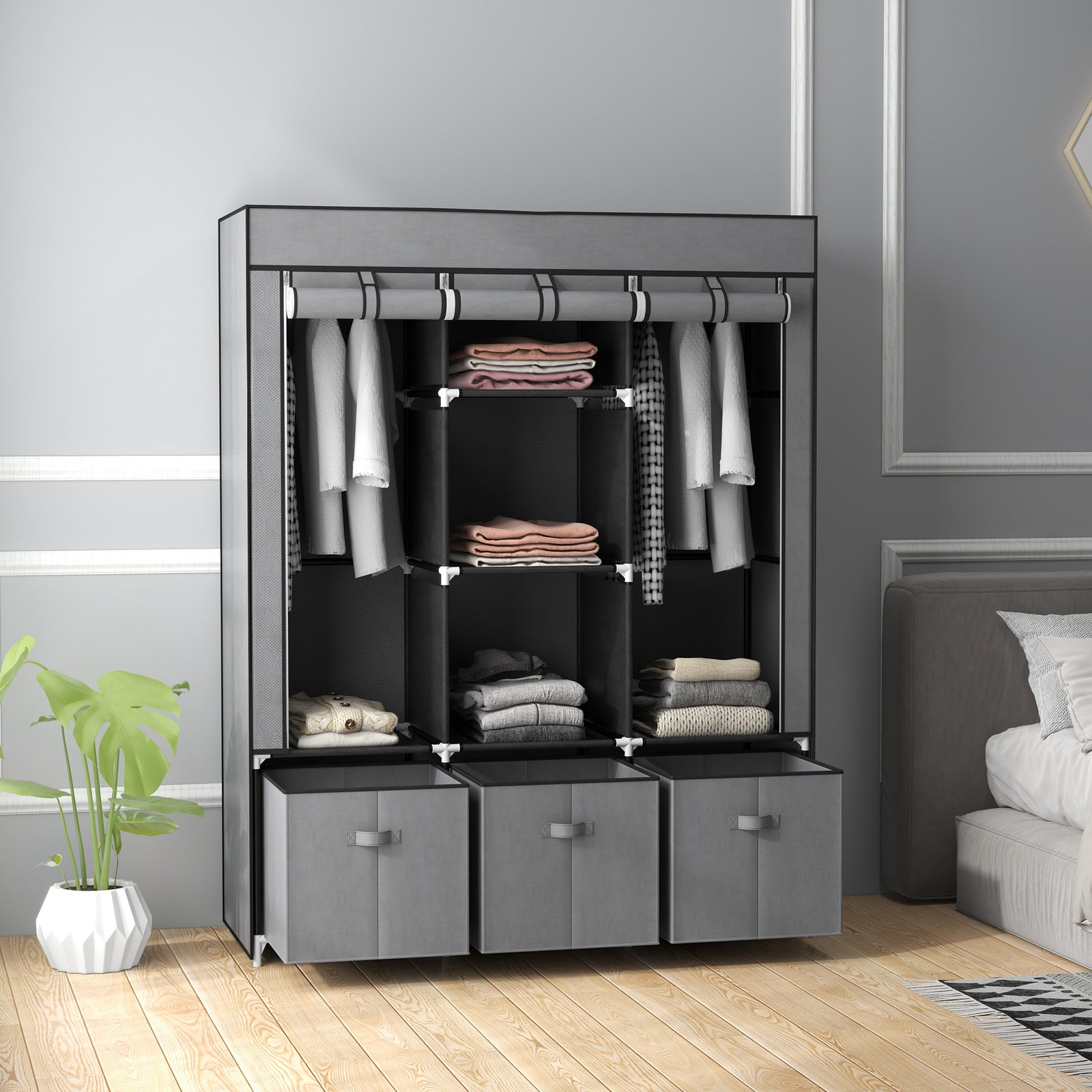 Portable Wardrobe W/ 5 Shelves 3 Fabric Drawers And 2 Rails