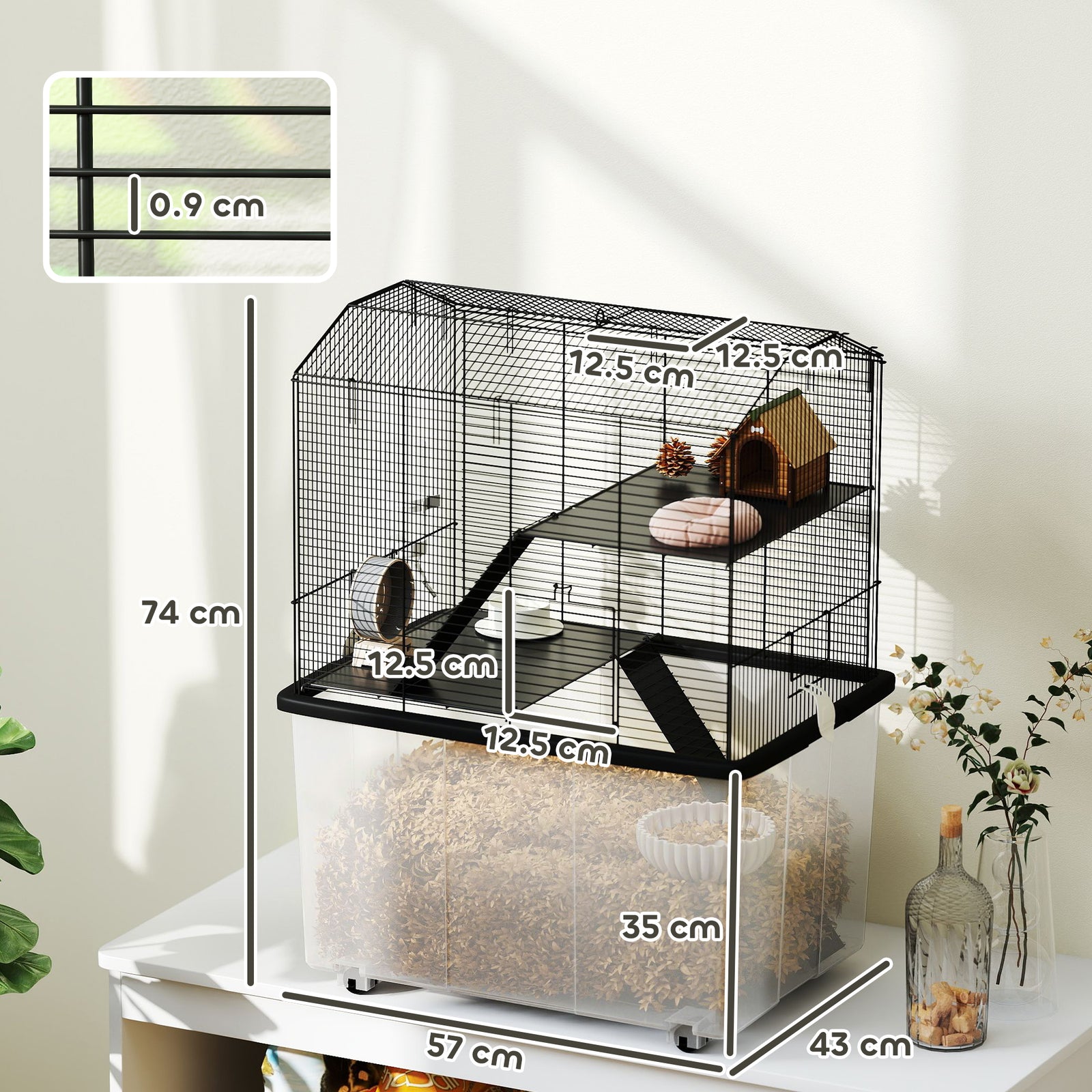 Hamster Cage, Three-tier Gerbil Cage W/ Deep Bottom, Ramp, Food Dish | Black