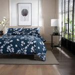 Petite Fleure 100% Cotton Duvet Cover Set – Floral Blossom Print Bedding With Piped Edges | Double | Navy Blue