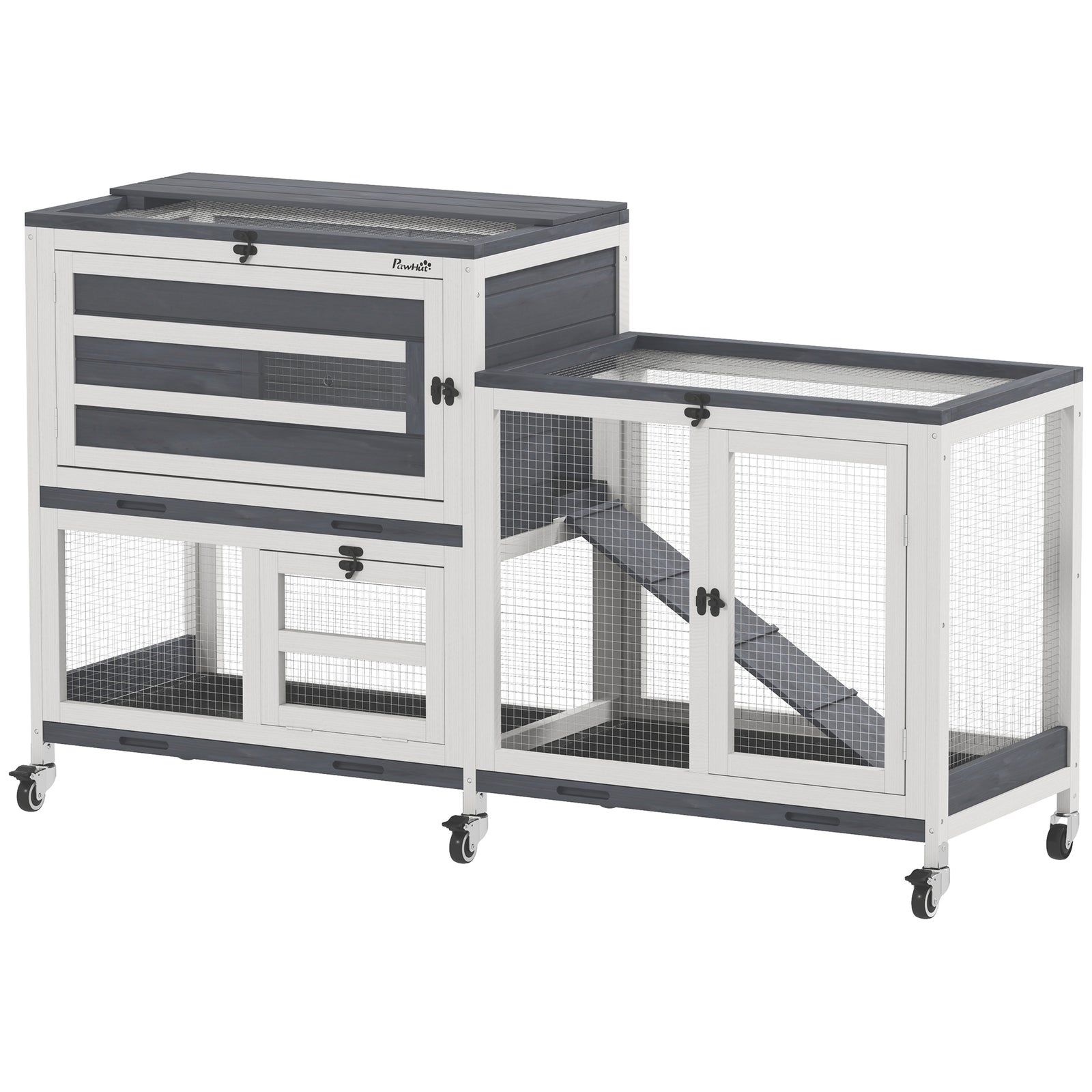 2 Tier Rabbit Hutch, Wooden Guinea Pig Hutch With Run, Wheels, 3 Plastic Trays