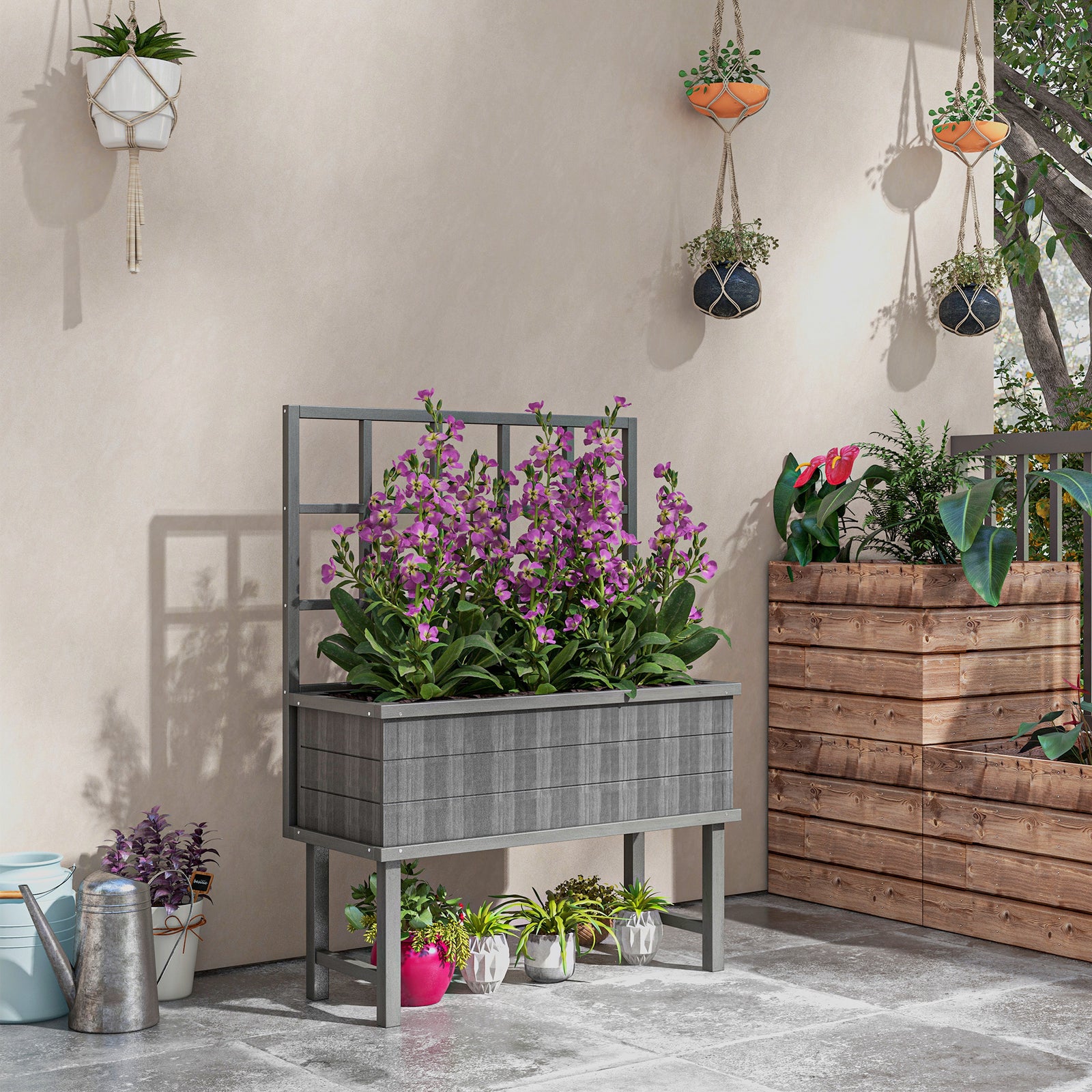 Raised Garden Bed With Trellis & Drain Holes | Gray