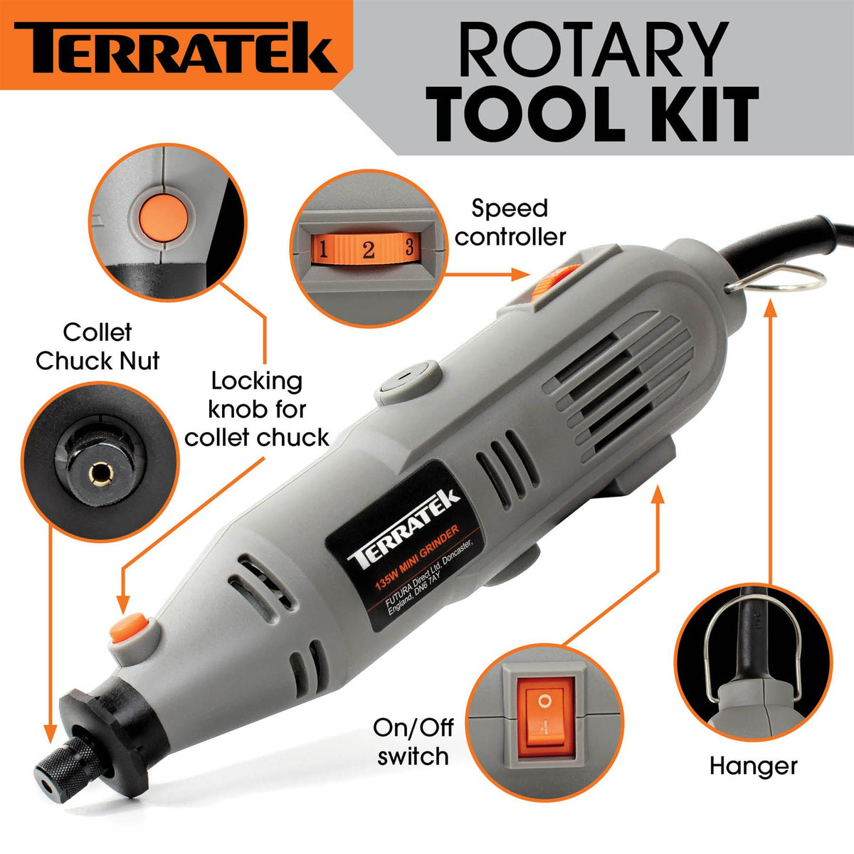 Rotary Tool Kit 135w & Accessory Set Variable Speed 8000-33000rpm Ideal For Diy Woodwork & Hobby Craft Dremel Compatible | 150 Piece Kit + Case | Grey
