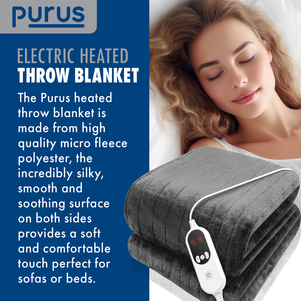 Deluxe Electric Throw Heated Double Over Blanket Soft Fleece 9 Heat & 12 Timer Settings | L | Grey
