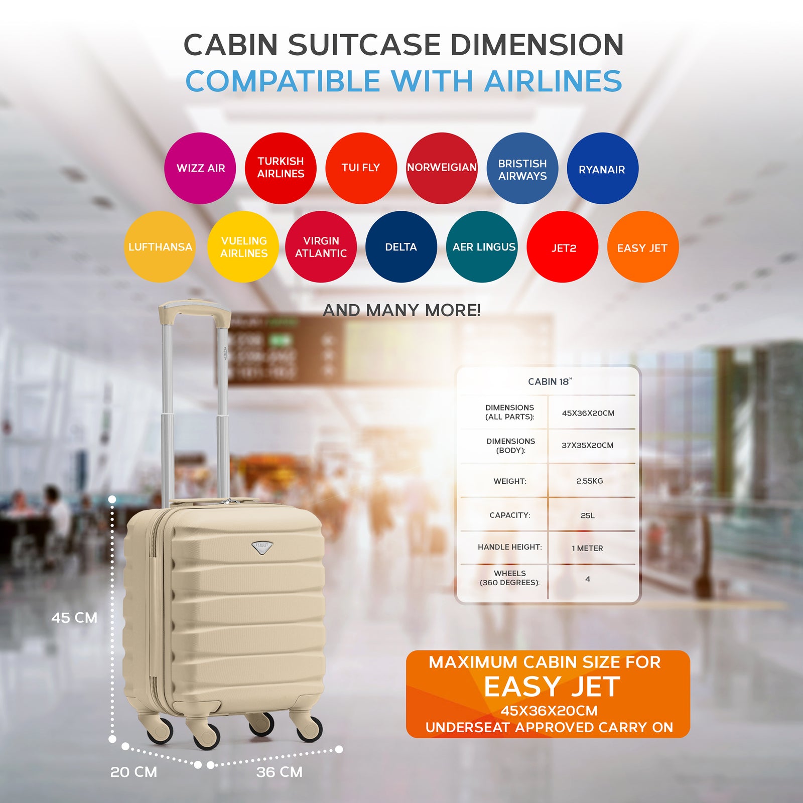 45x36x20cm Lightweight Underseat Cabin Carry On Suitcase - 100+ Airline Approved - Hard Shell Luggage - 4 Wheels | 45 x 36 x 20cm | Champagne