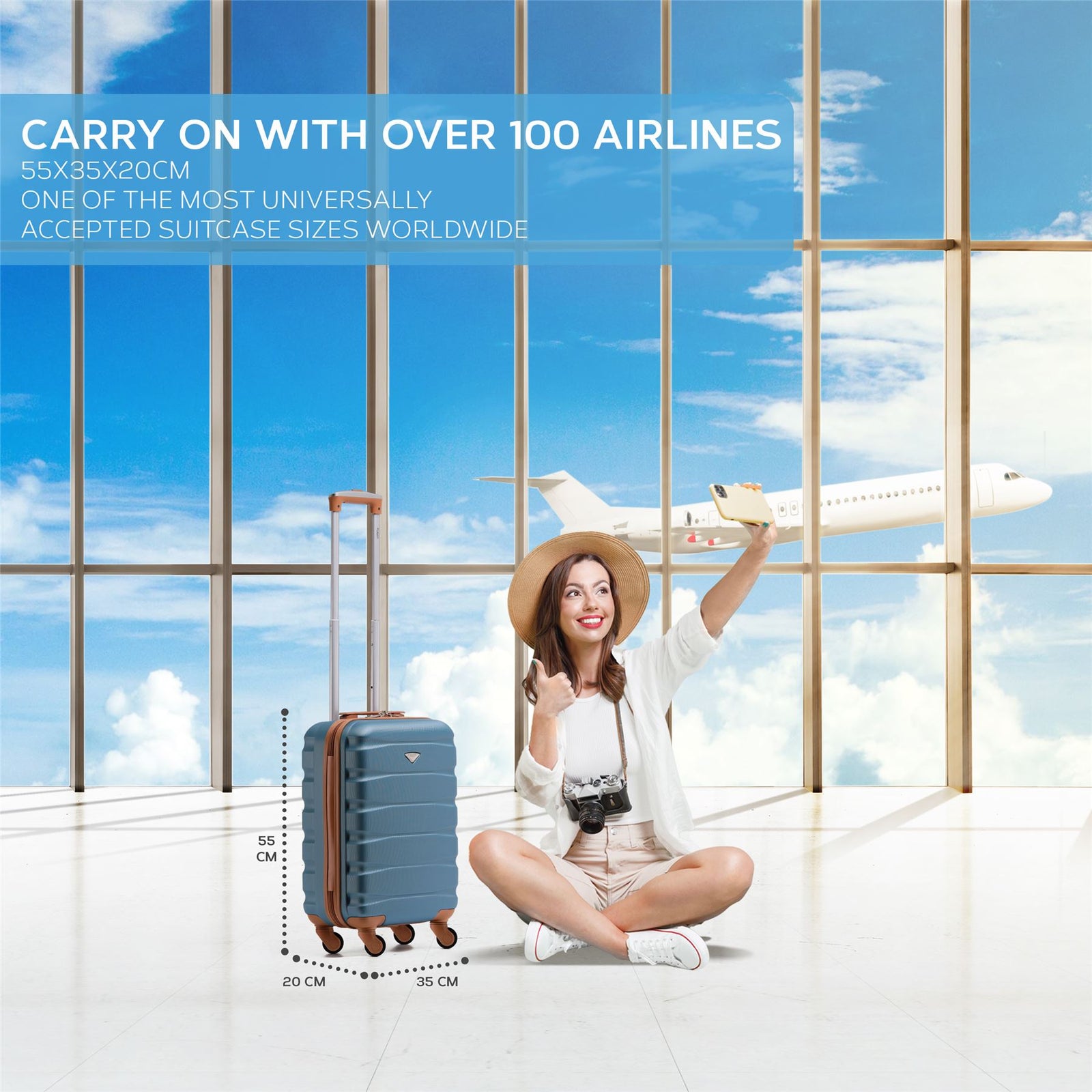 55x35x20cm Cabin Carry On Suitcase Hard Shell Overhead Luggage 100+ Airlines Approved | Cabin | Blue
