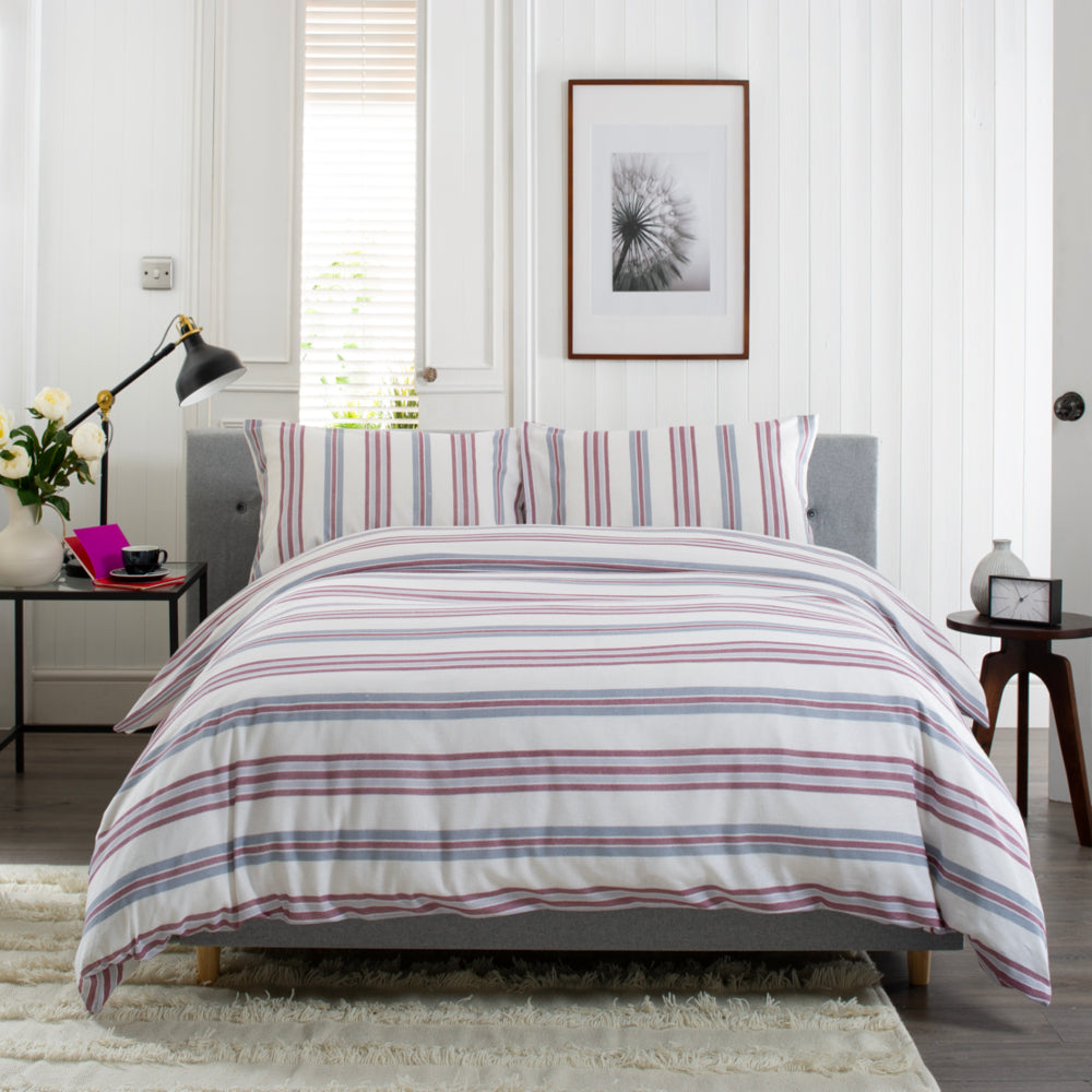 Magnate Stripe Printed Brushed 100% Cotton Bedlinen Duvet Set | Super King | Red