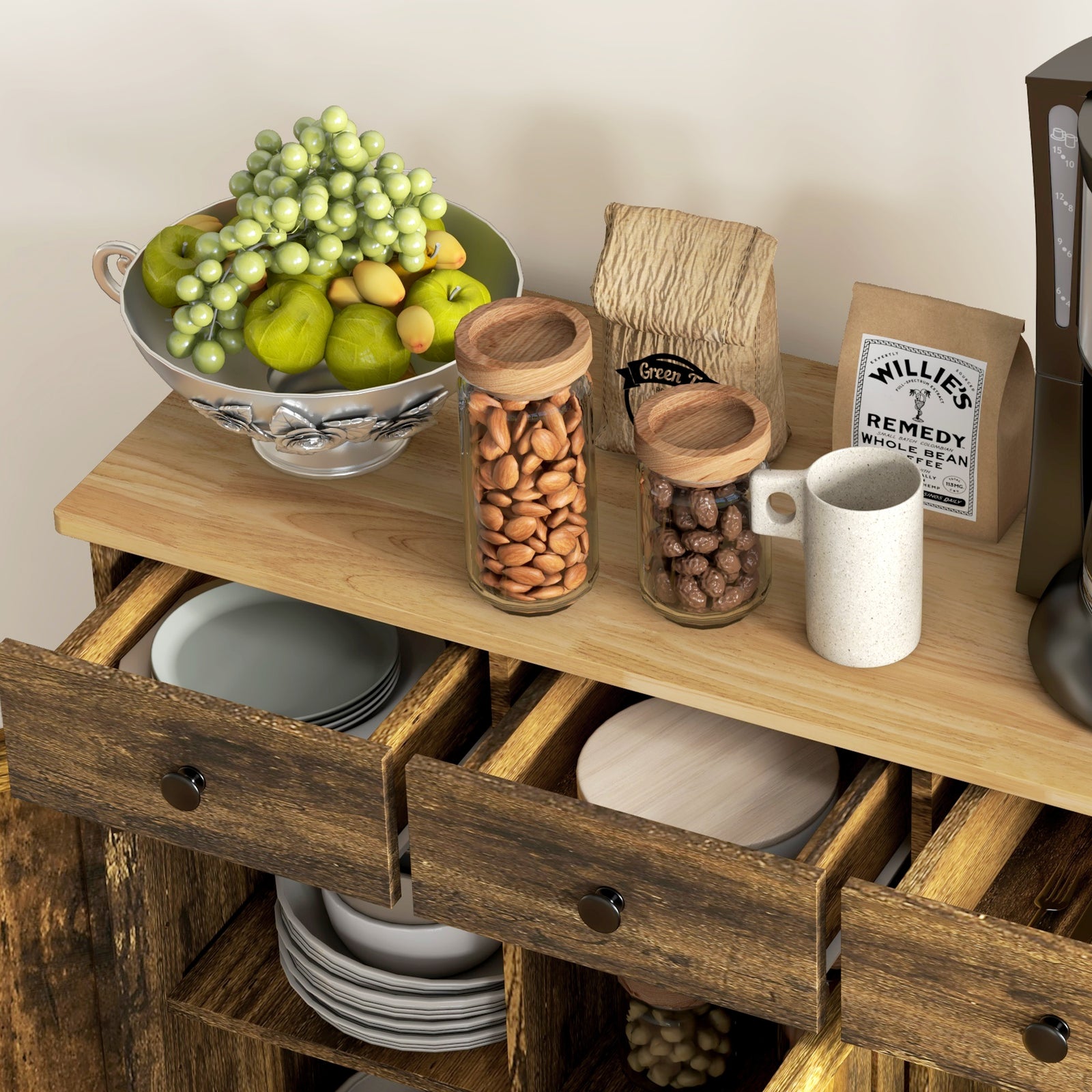 Sideboard Buffet Cabinet With Rubber Wood Top And Drawers | Brown