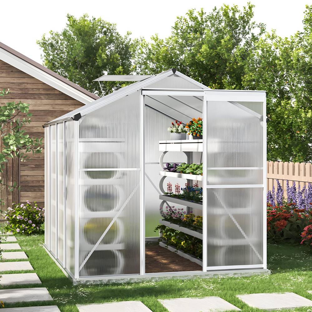 Polycarbonate Greenhouse With Base – Aluminum Frame Walk-in Greenhouse With Sliding Door & 2 Ventilation Window For Plants & Flowers | 10 x 6ft | White