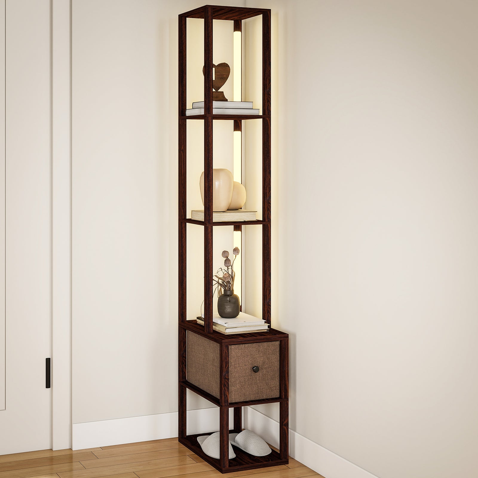 Floor Lamp With Shelves, Led Standing Lamp With Fabric Drawer | Dark Brown