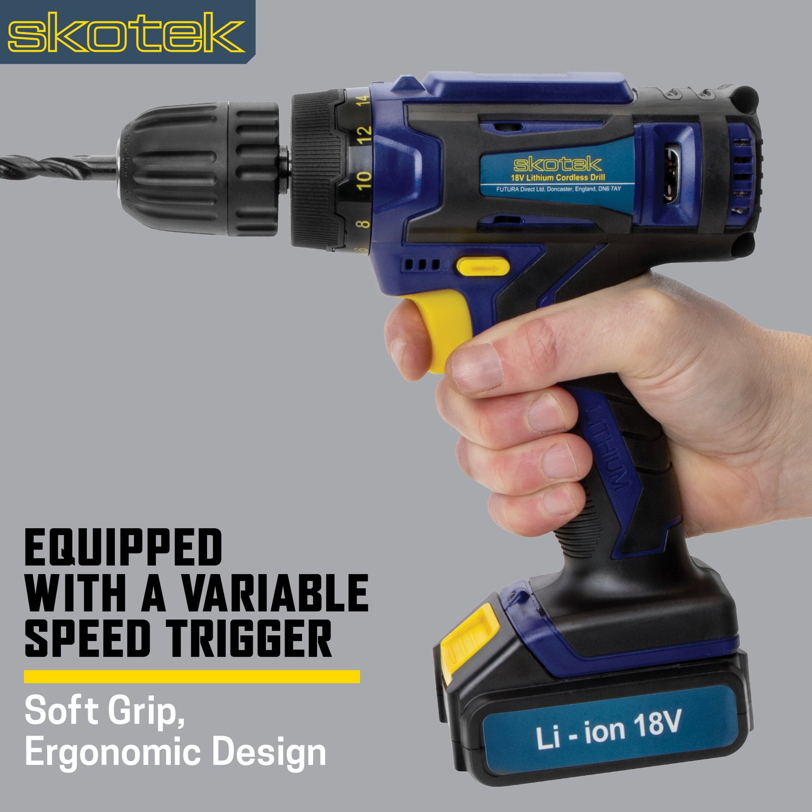 18v Cordless Drill Driver And Screwdriver Set & Drill Bit Kit Li-ion Battery Included, Lightweight Power Battery Drill | 13 Piece Kit – 1x Battery + Charger + Carry Case | Blue