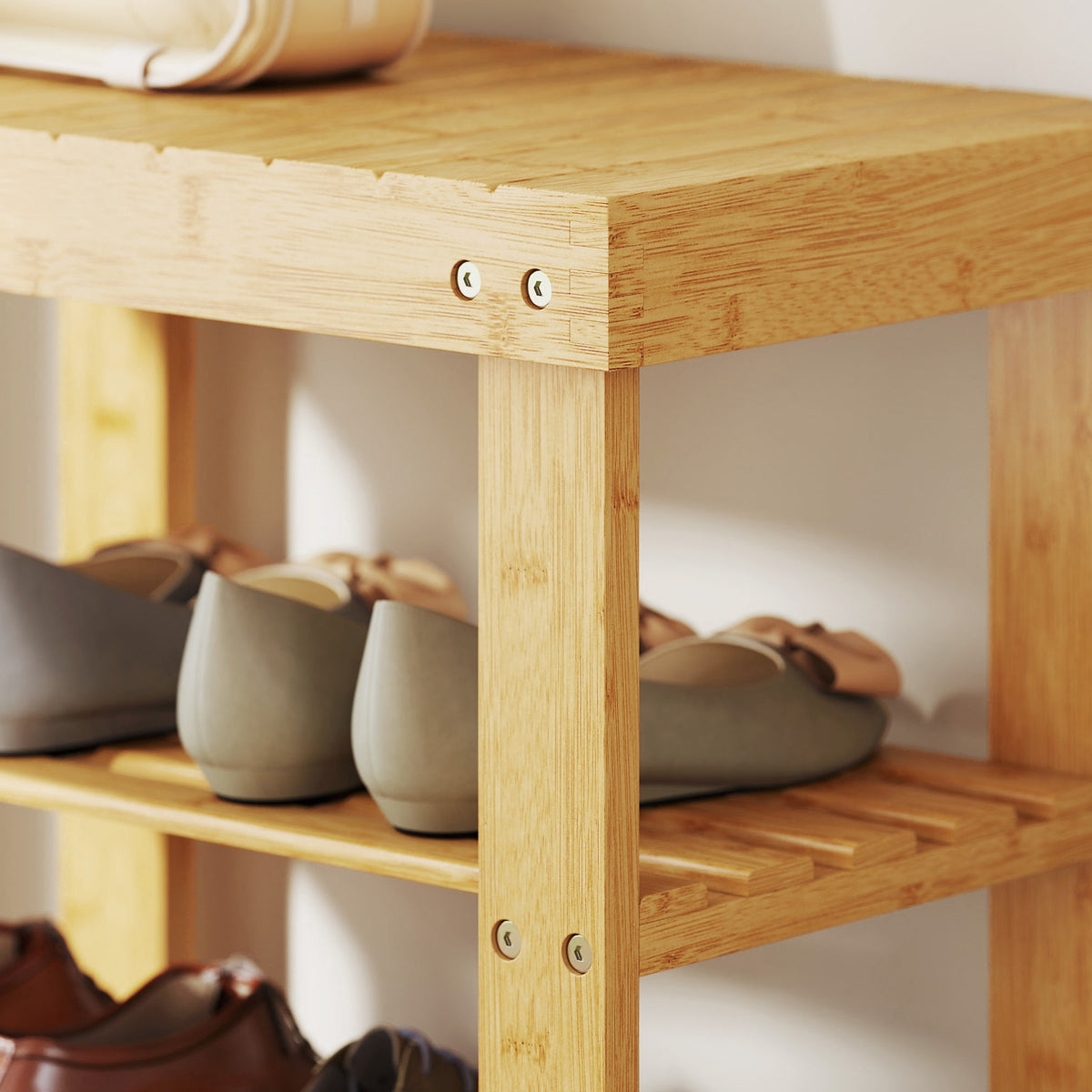 3-tier Bamboo Shoe Bench With 2 Shelves For Entryway | Brown