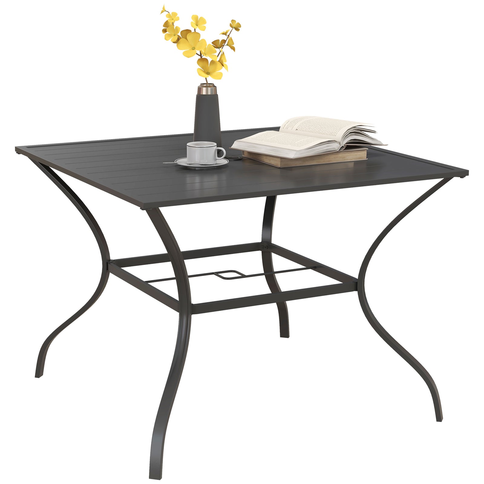 Garden Table W/ Parasol Hole For Four, Slatted Metal Top | Dark Gray