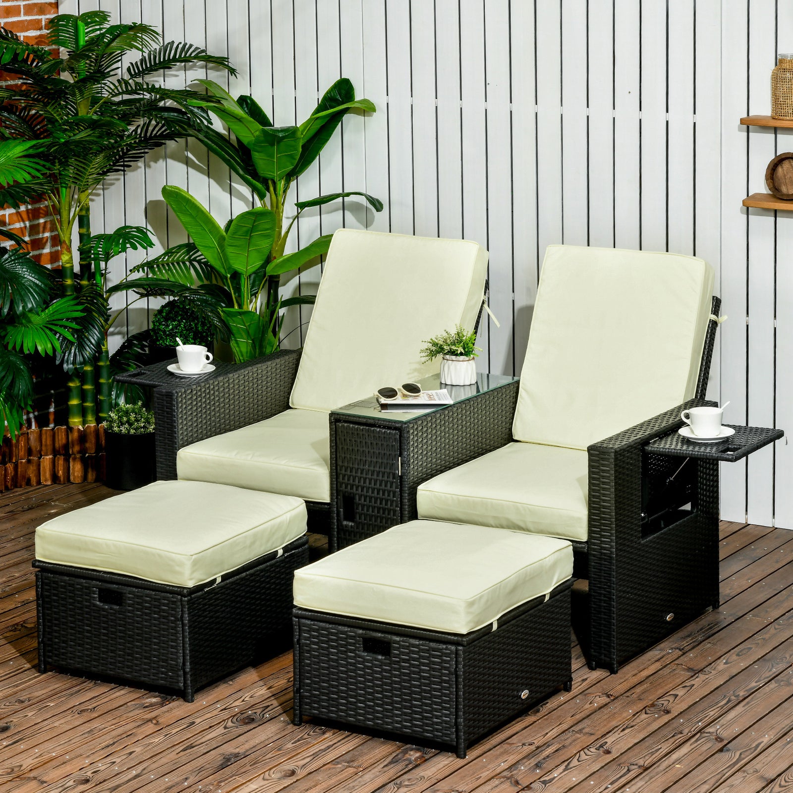 5-level Rattan Sun Lounger W/ Tea Table & Footstools | Black