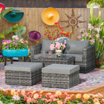 5 Pcs Pe Rattan Sofa Footstool Set Tall Glass-top Table | Gray