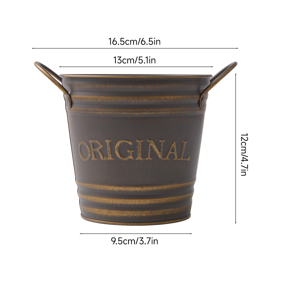 2-piece Retro Metal Plant Pot Set With Wooden Handle | Set of 2 | Slate Grey