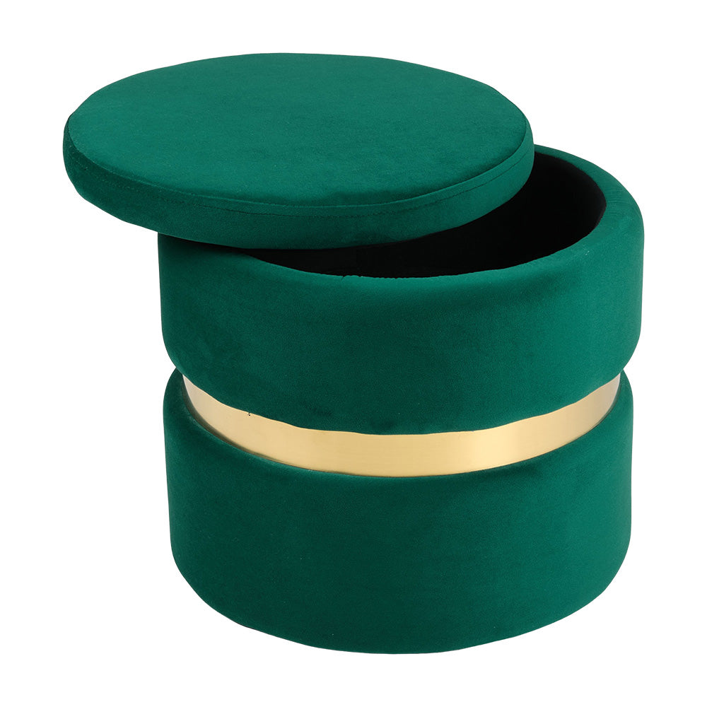 Upholstered Storage Ottoman Foot Rest With Gold Metal Ring 40cm Dia | Green