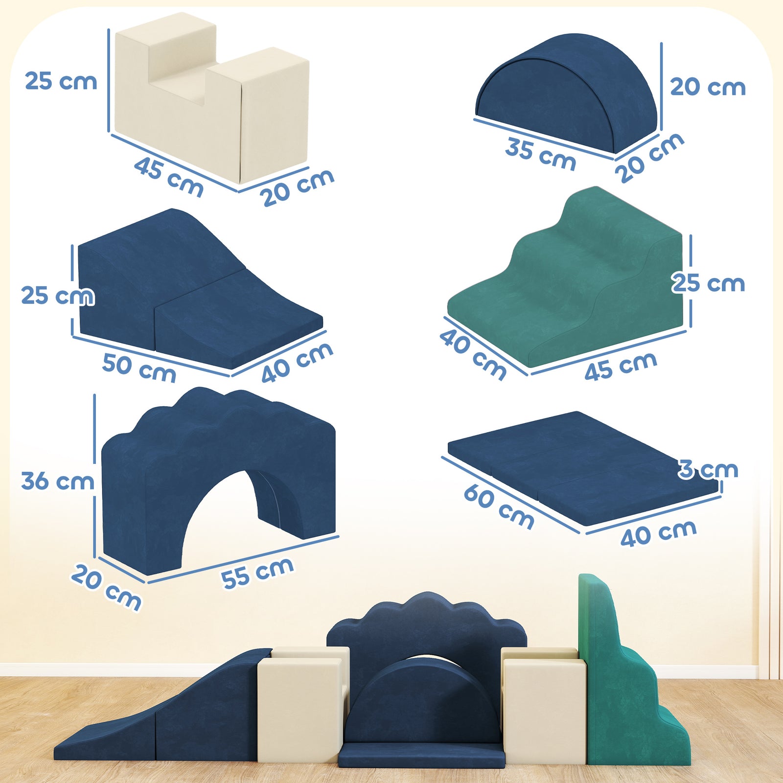 Kids Soft Play Set, 7 Piece Foam Climbing Blocks | Blue