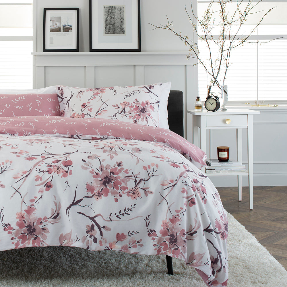 Cherry Blossom Pink Cotton Rich Reversible Duvet Cover Set | Super King | Pink