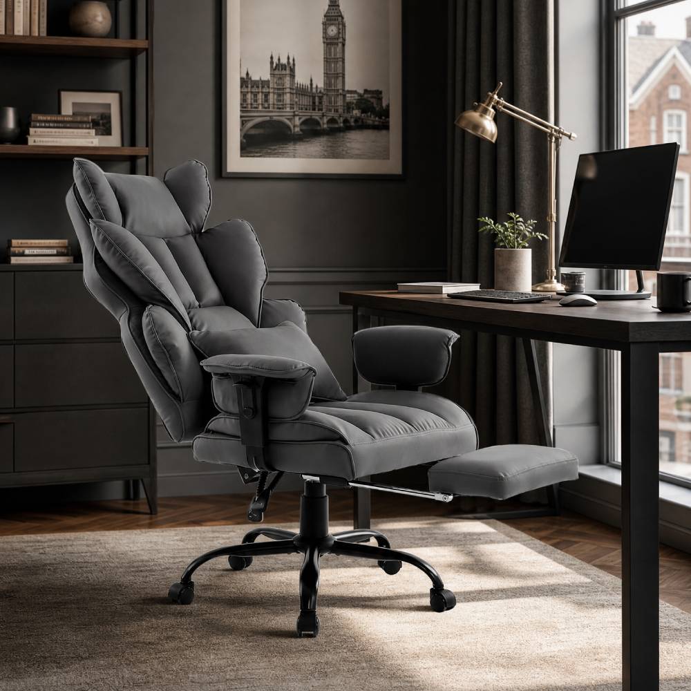 Height-adjustable Reclining Swivel Office Chair With Footrest | Dark Grey