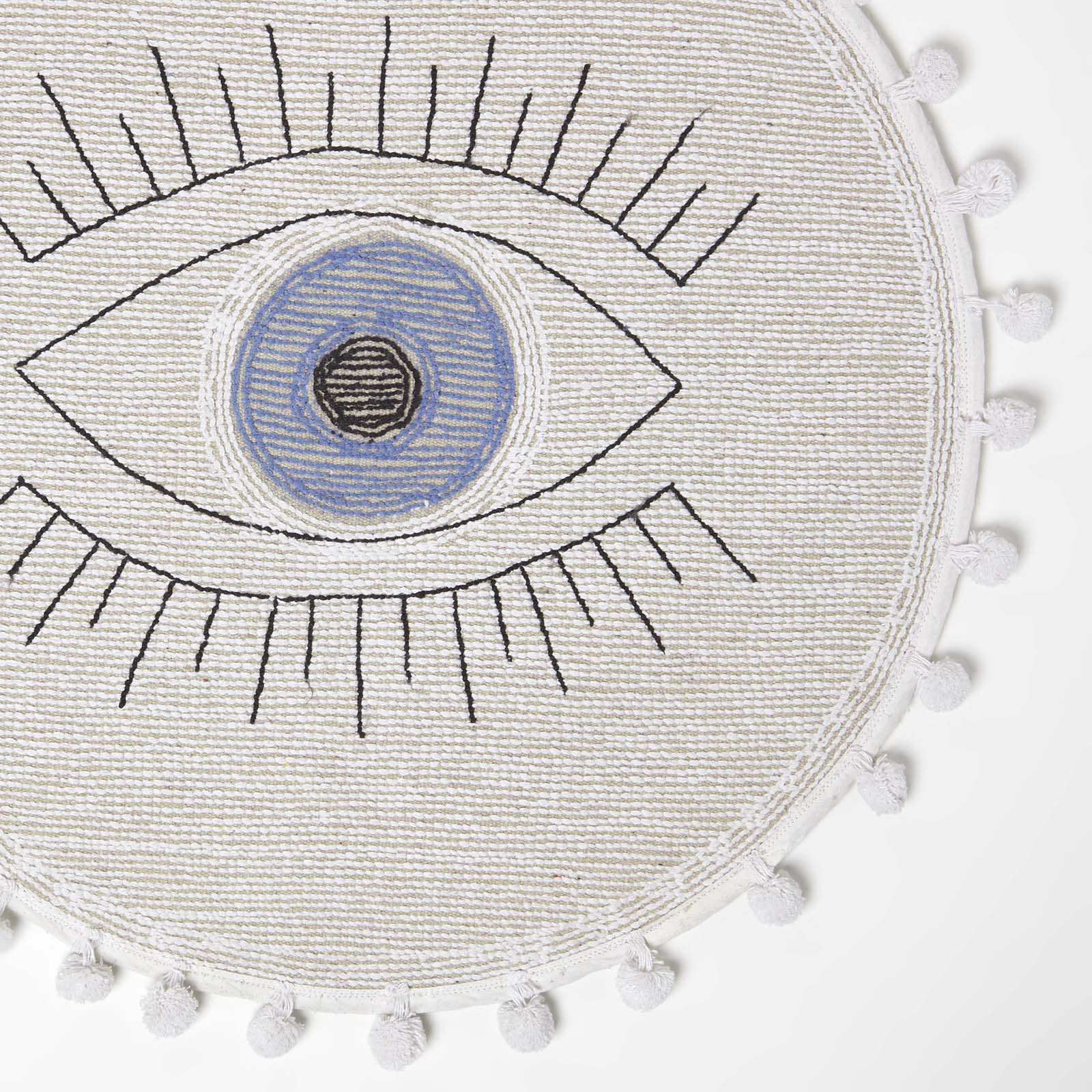 Eye See You Natural Cotton Bath Mat With Pom Pom Edges