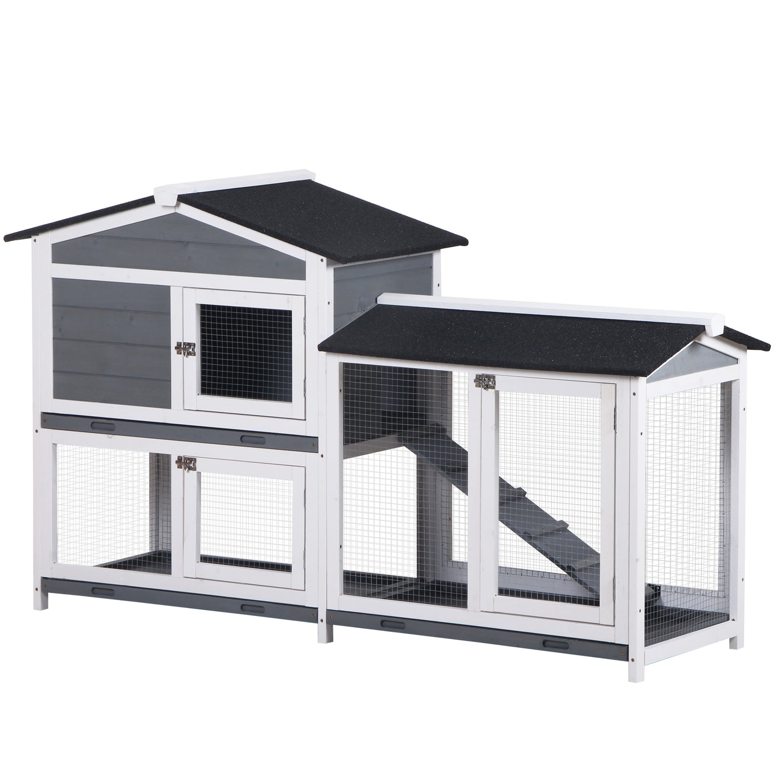 2-tier Wooden Rabbit Hutch Guinea Pig House Pet Cage Outdoor W/ Tray Ramp | Gray