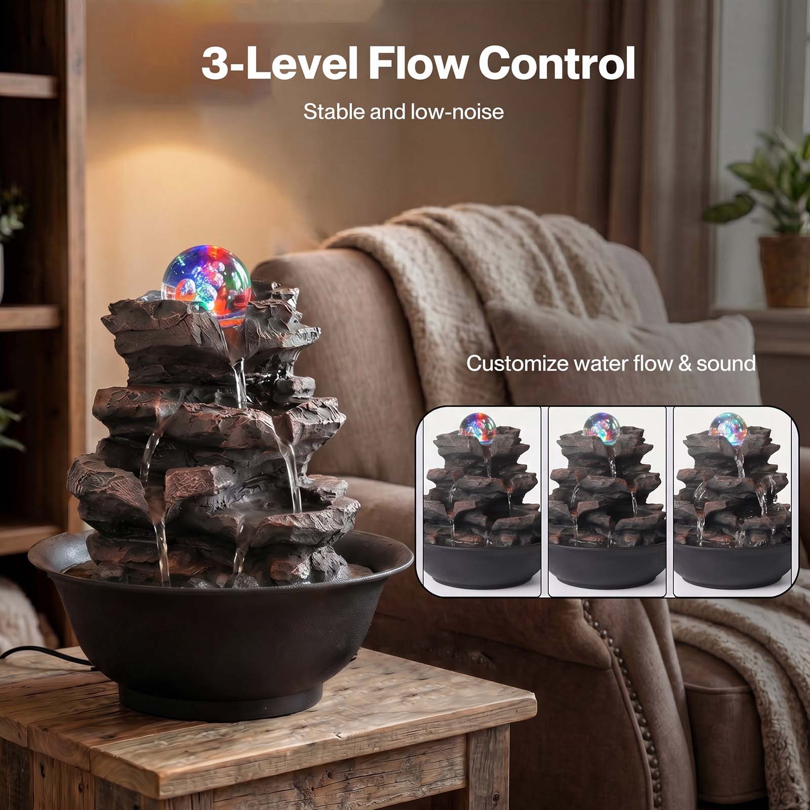 Spector Water Fountain Tabletop Water Feature 3-speed Flow Resin Rock Brown
