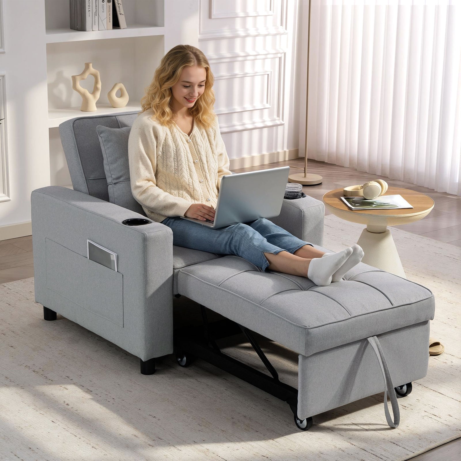 3-in-1 Sofa Bed, Convertible Sleeper Chair With Adjustable Backrest | Light Grey