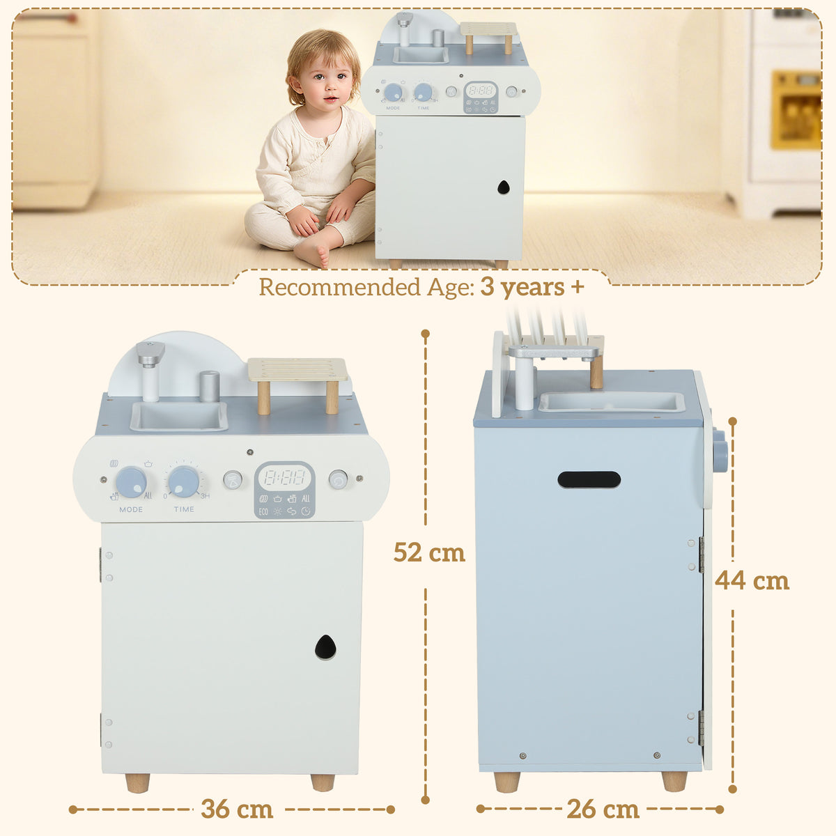 AIYAPLAY Wooden Dishwasher Playset, Kitchen Sink Toys With Accessories