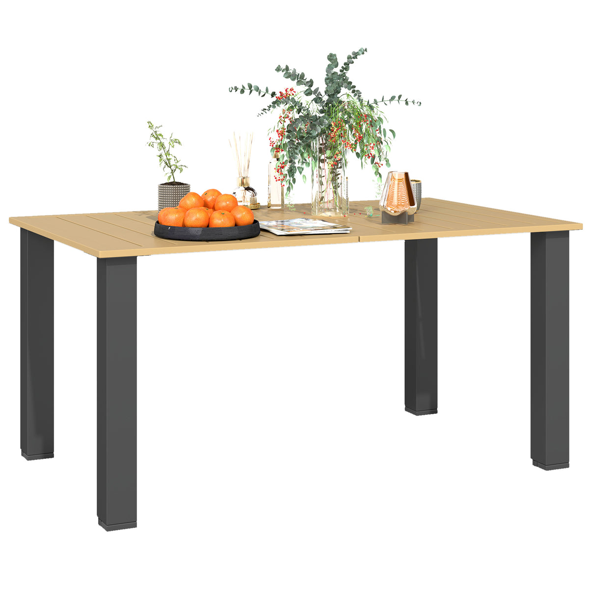 Garden Table With Parasol Hole, Slatted Metal Tabletop, Brown