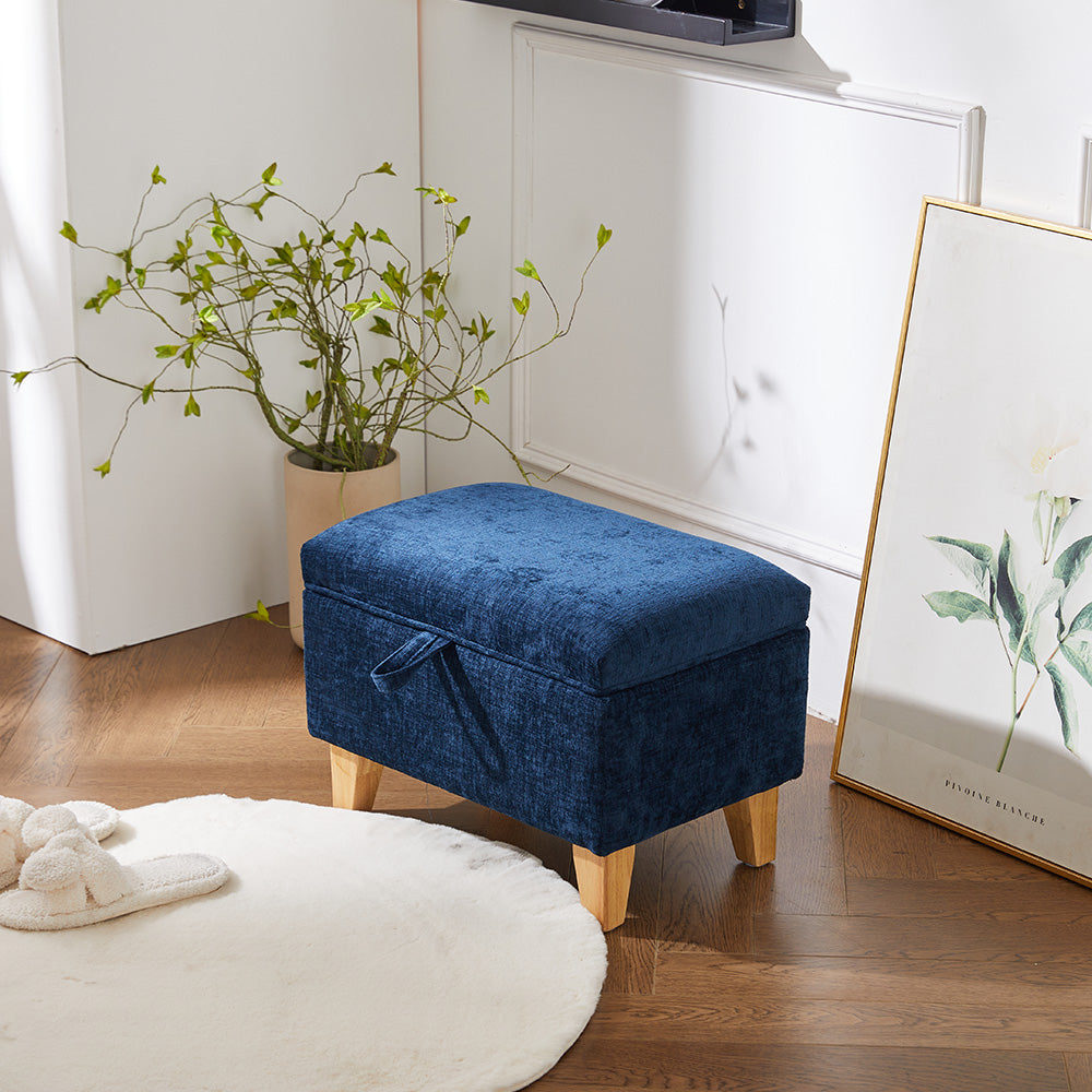 Chenille Upholstered Storage Ottoman Compact Footstool With Hidden Storage | Small | Blue
