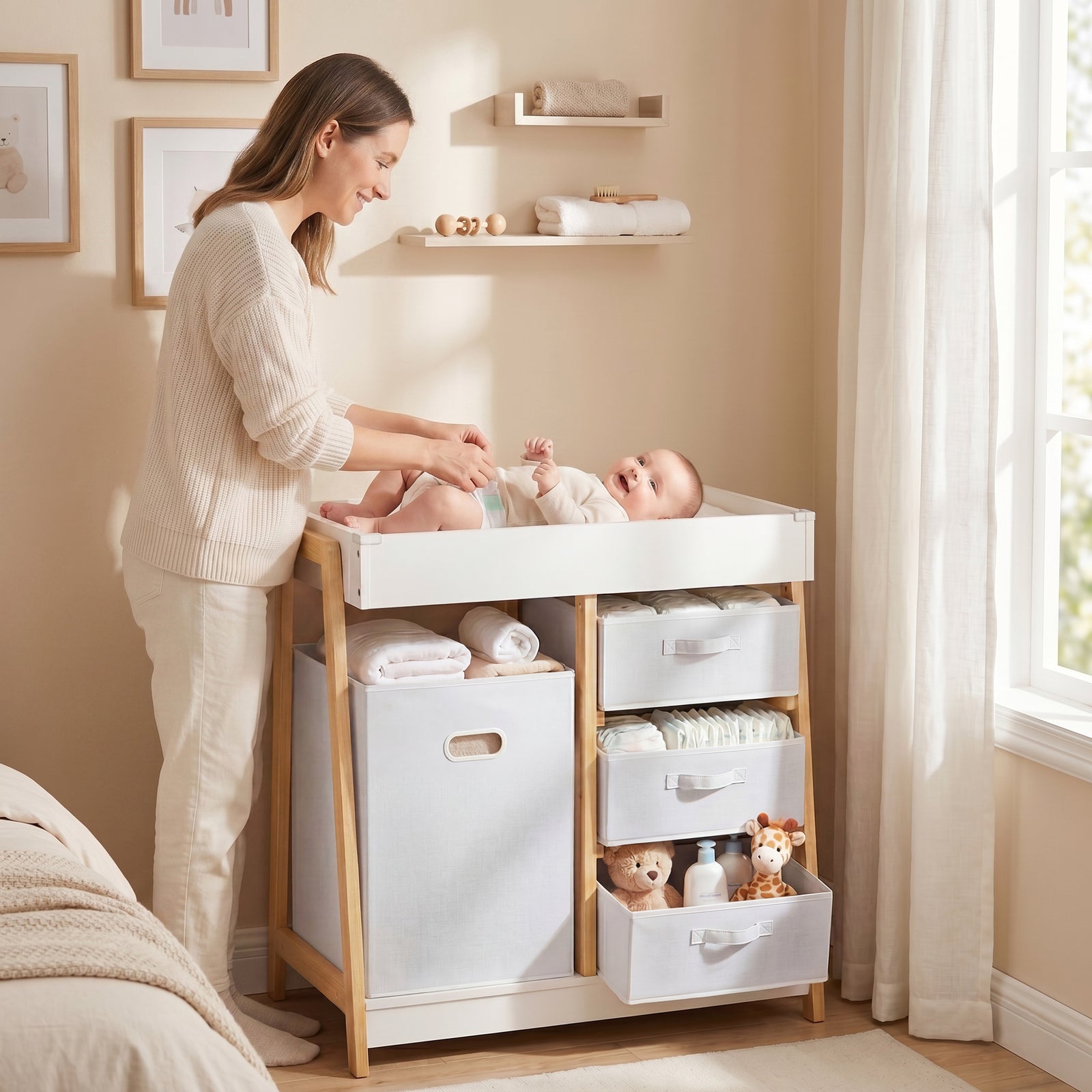 AIYAPLAY Baby Changing Table With 3 Drawers, Basket, Waterproof Pad
