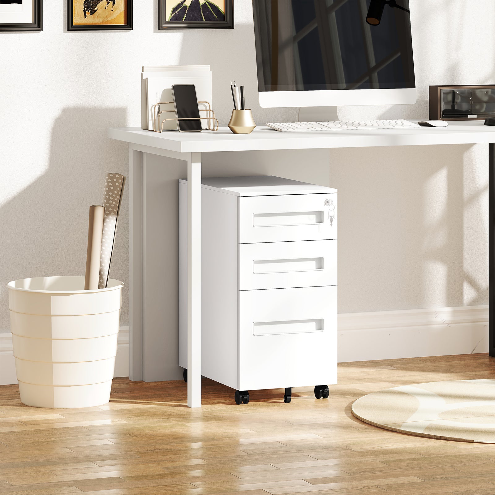 Lockable Mobile Filing Cabinet W/ 3 Drawers | Small | White