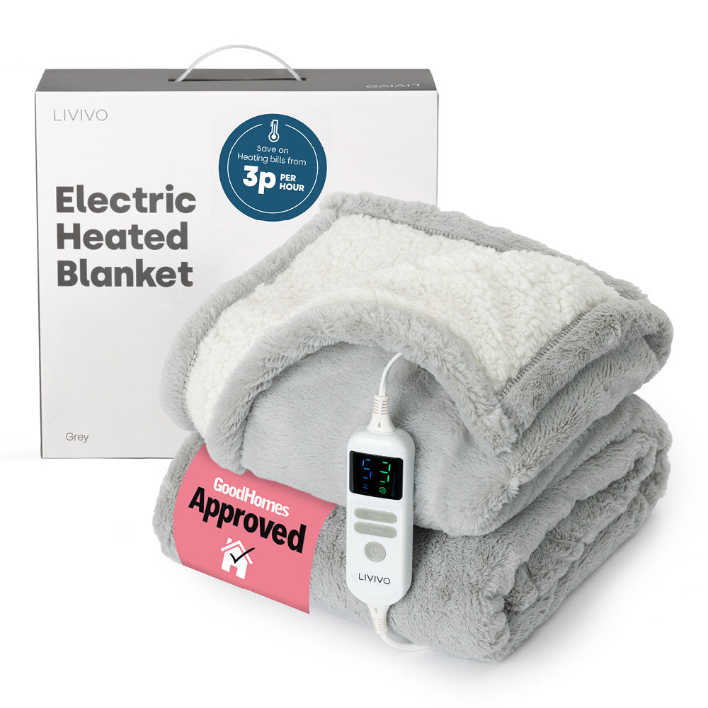 Livivo Premium Sherpa Heated Throw Grey Electric Blanket With 10 Heat Levels 9 Hour Timer Auto Shut Off Washable Design And Safety