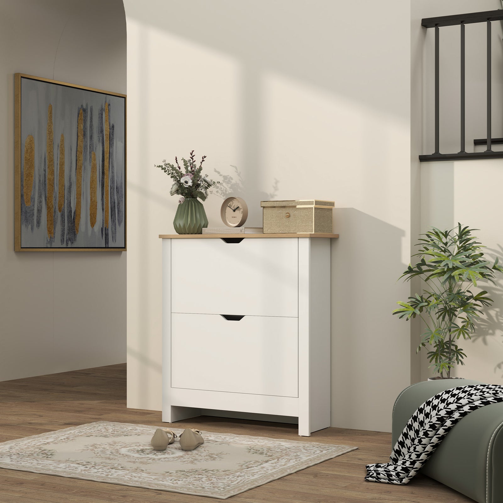 12-shoe Storage Cabinet 4 Shelves 2 Drawers Tabletop | White