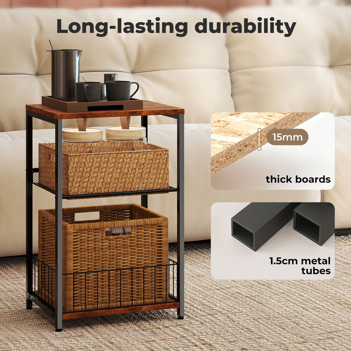 Levede Side Table Bedside End Table 3 Tier Metal Wood Storage Vintage Brown