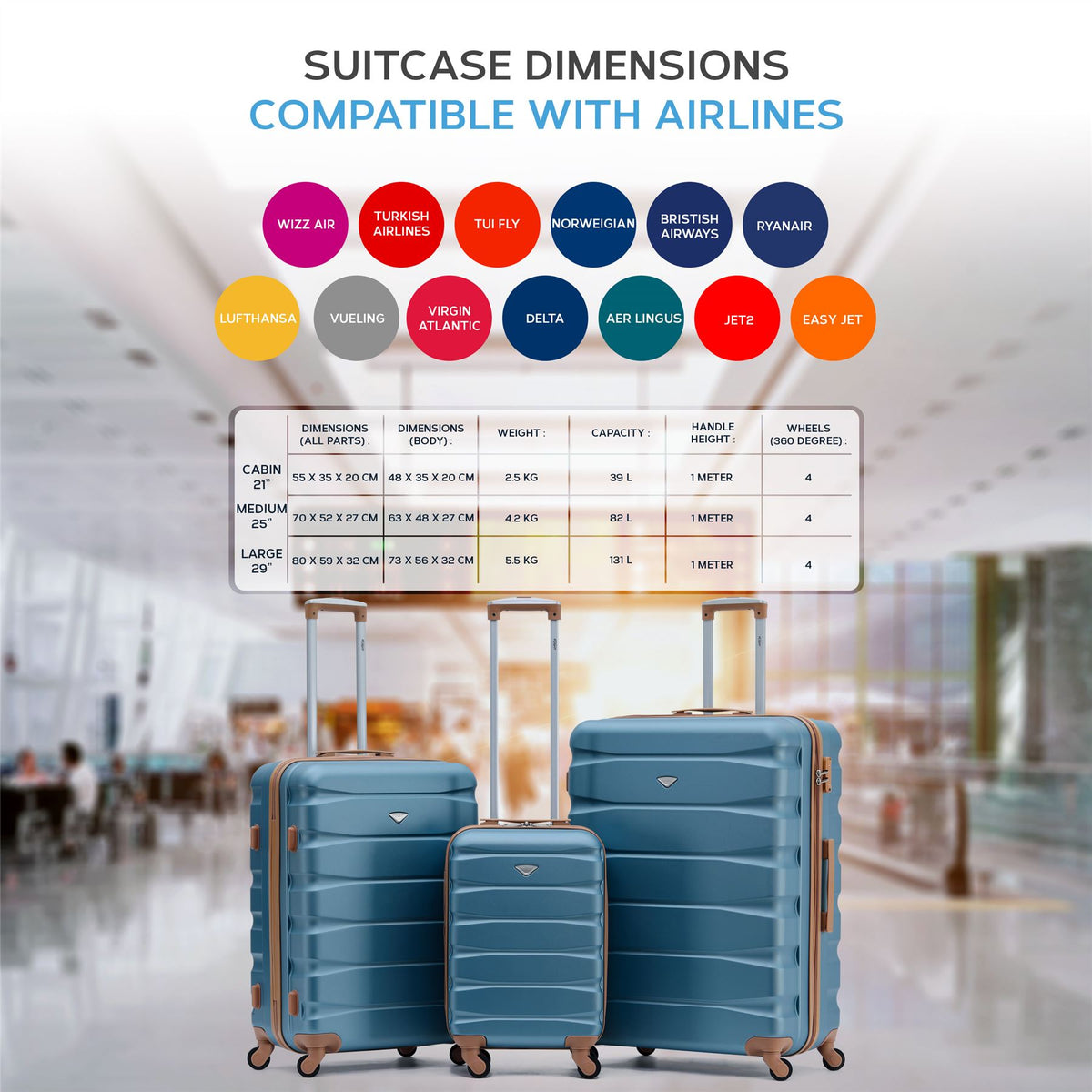 Set Of 3 Hard Shell Suitcase Cabin & Check In Cases With Tsa Lock - Overhead Cabin With Medium & Large Check-in Bag | Set of 3 | Blue