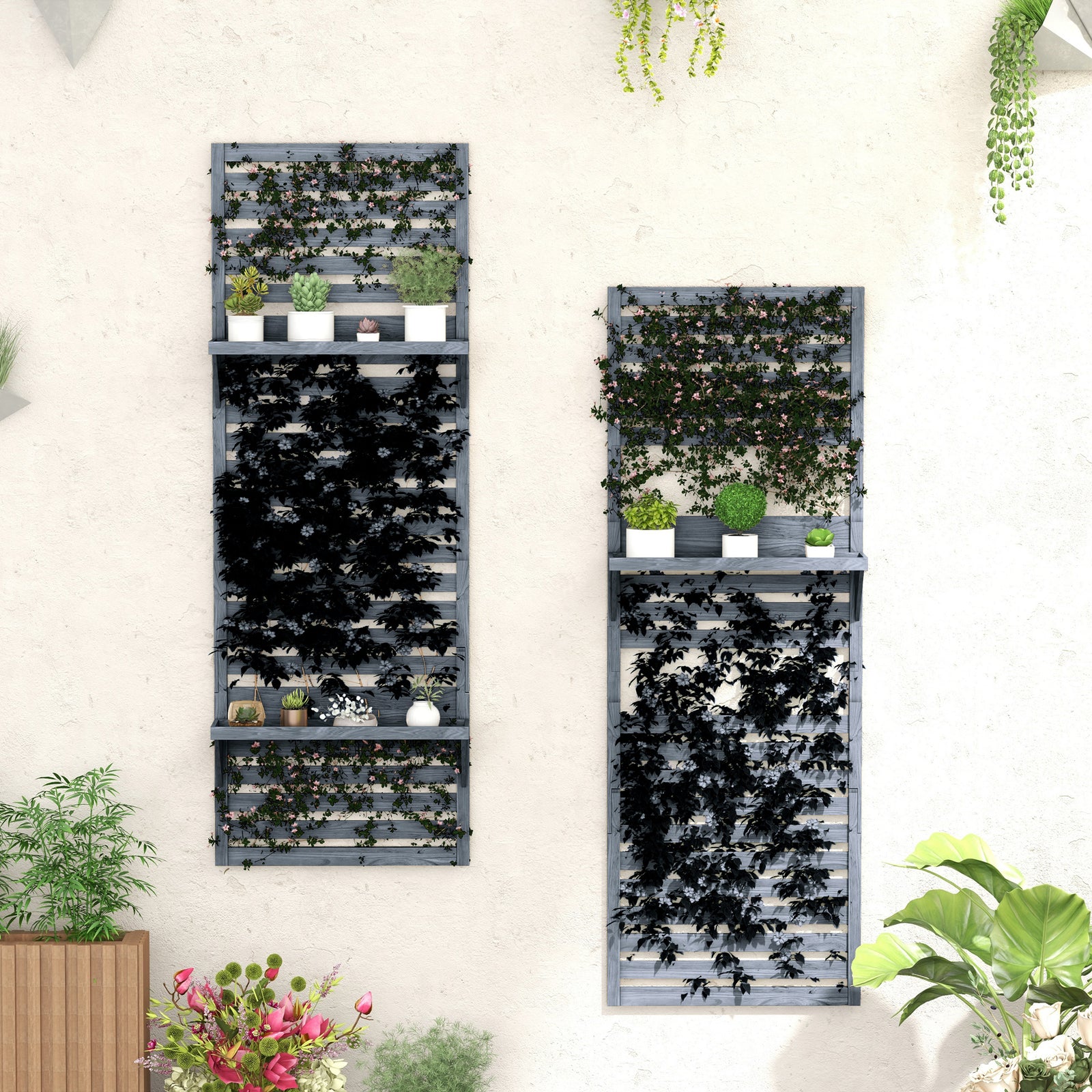 Wall Mounted Plant Stands Set Of 2 With Shelves And Trellis | Gray