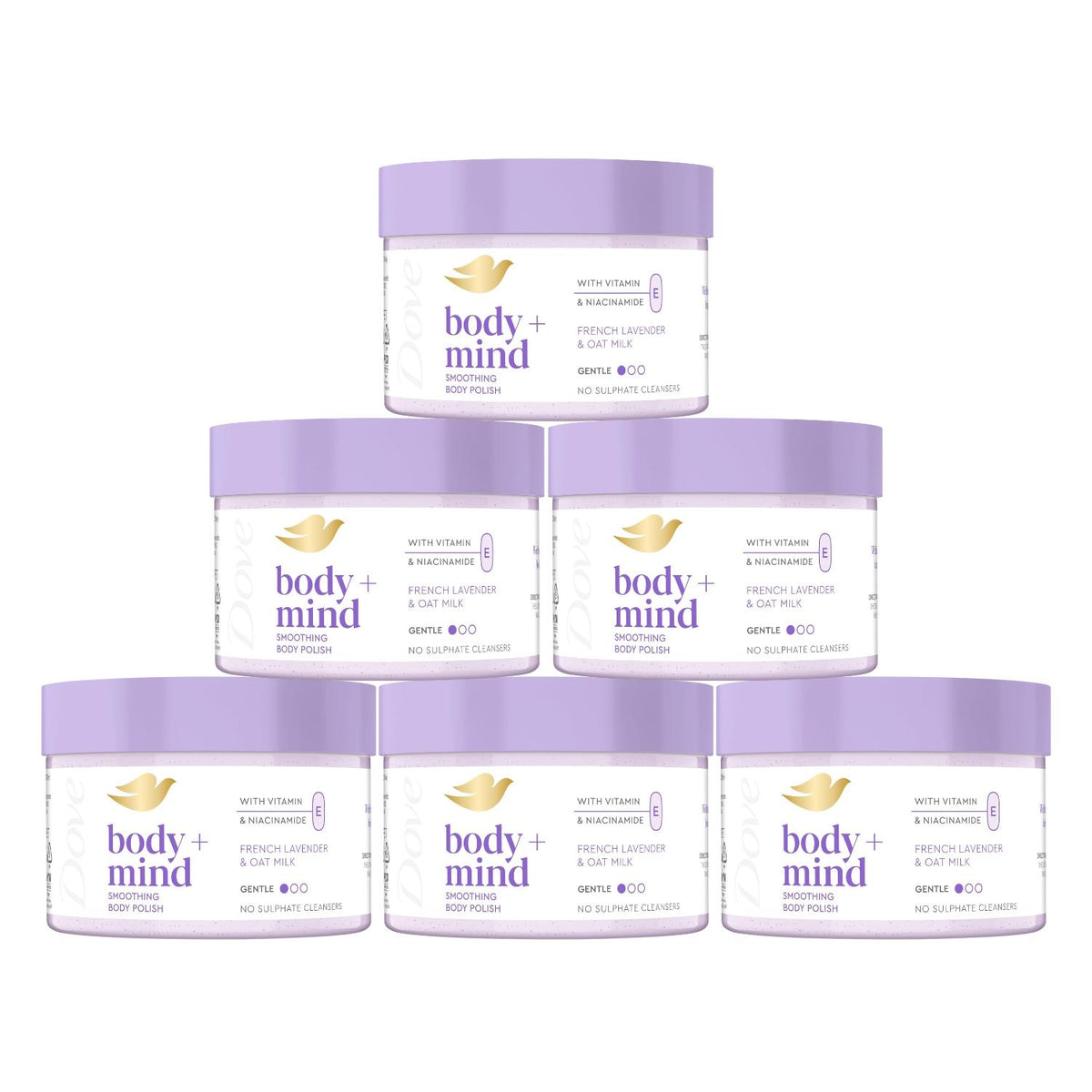 Body + Mind Smoothing Body Scrub, French Lavender & Oat Milk, 295ml | Set of 6