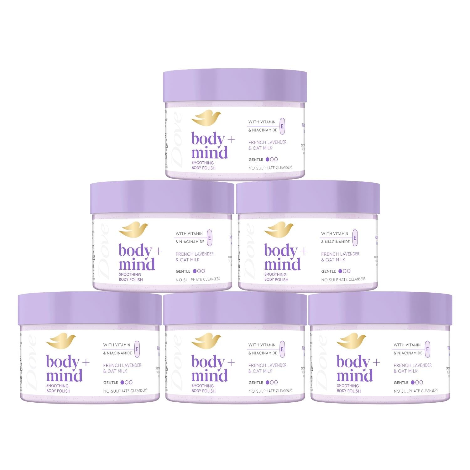 Body + Mind Smoothing Body Scrub, French Lavender & Oat Milk, 295ml | Set-of-6