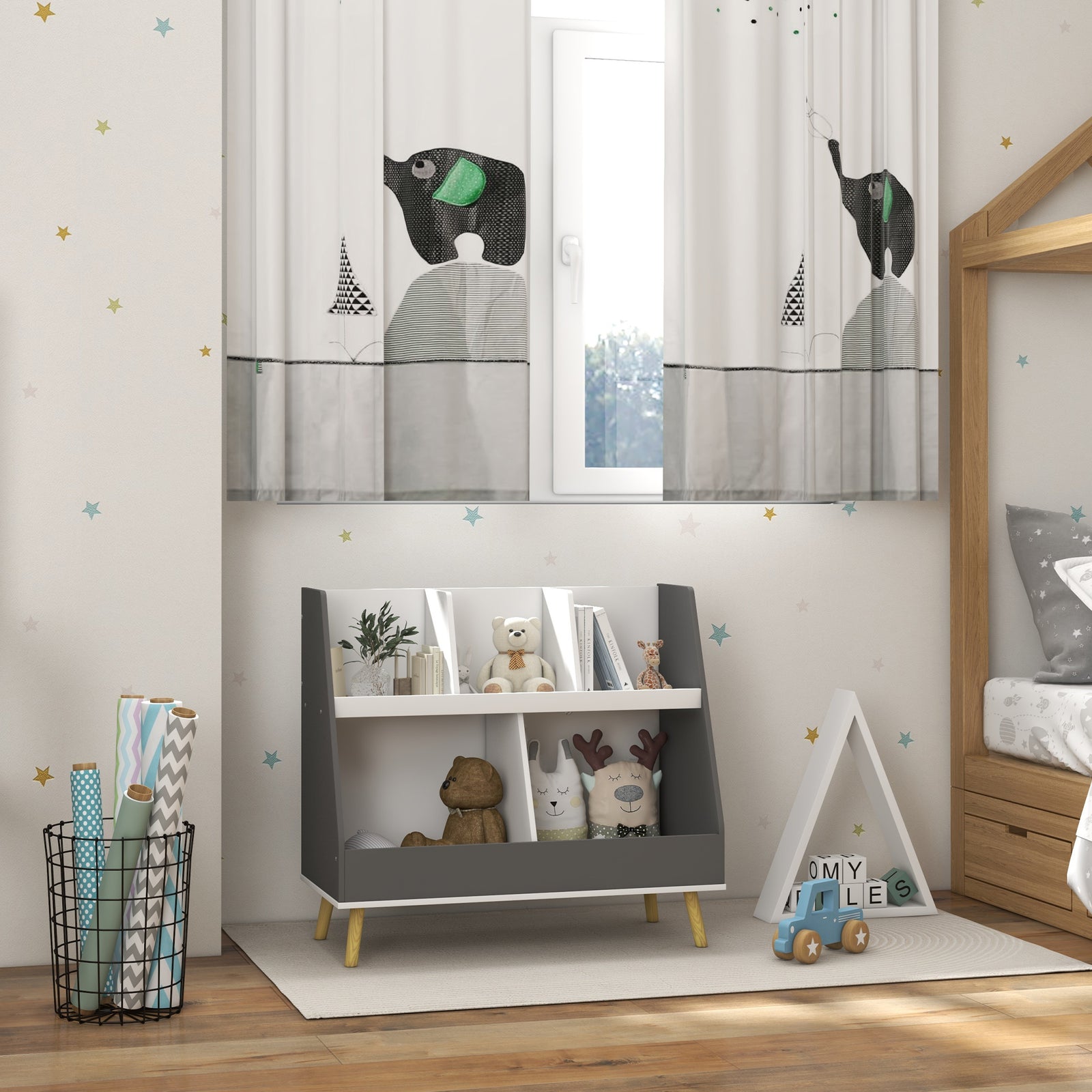 Kids Storage Shelf With 5 Compartments, Anti-tip Device, Grey