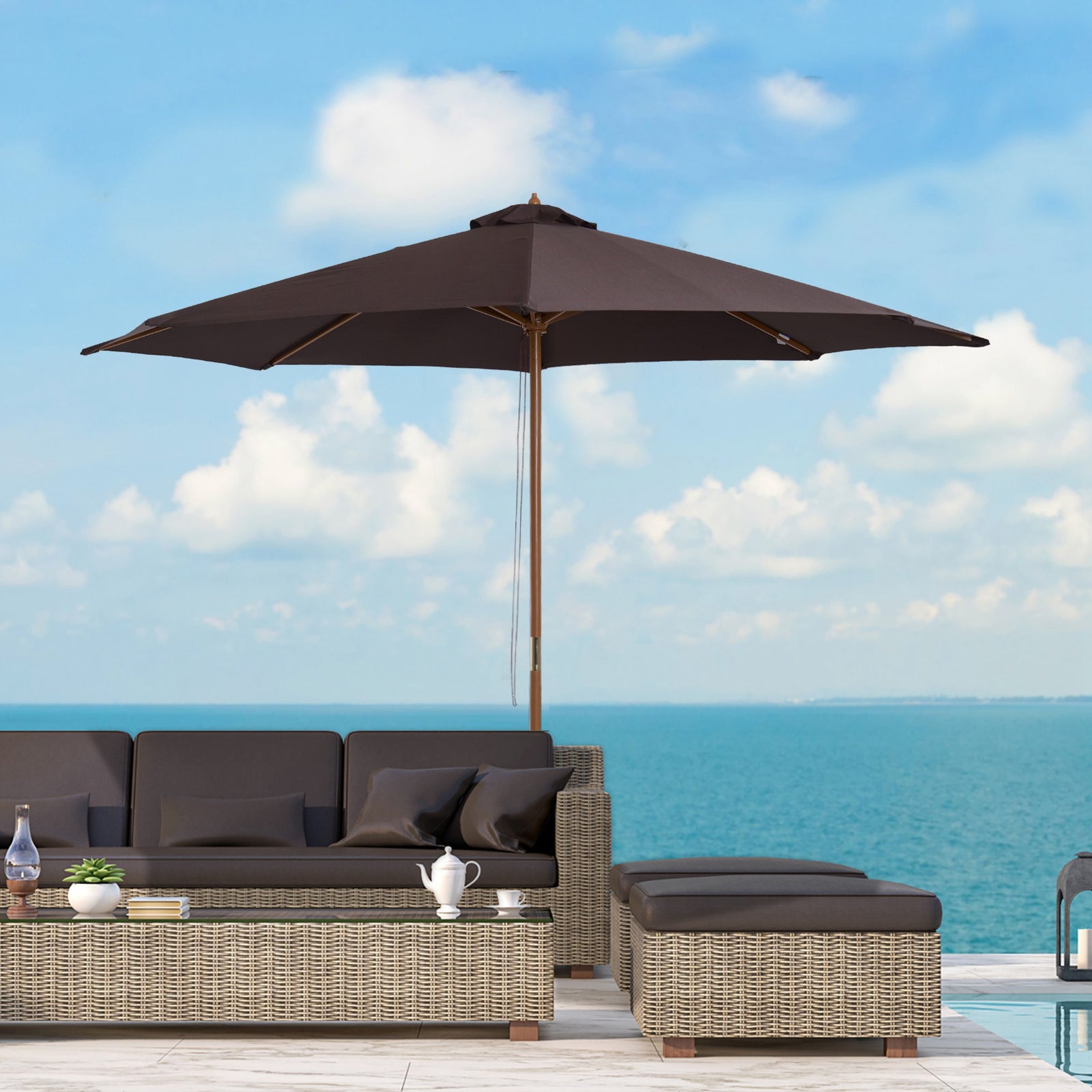 3m Wooden Bamboo Parasol Outdoor Umbrella Canopy | Brown