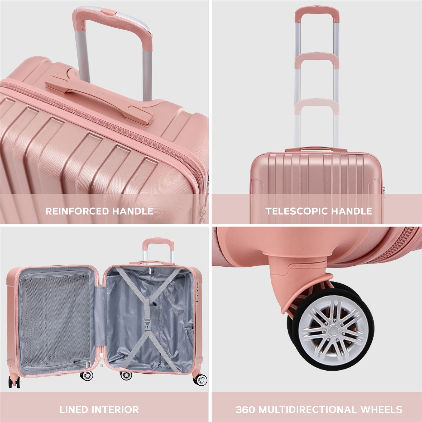 56x45x25cm Large Cabin Carry On Case - Overhead Luggage Suitcase - 4 Spinner Wheels - Abs Hard Shell Cabin Bag | Cabin | Rose Gold