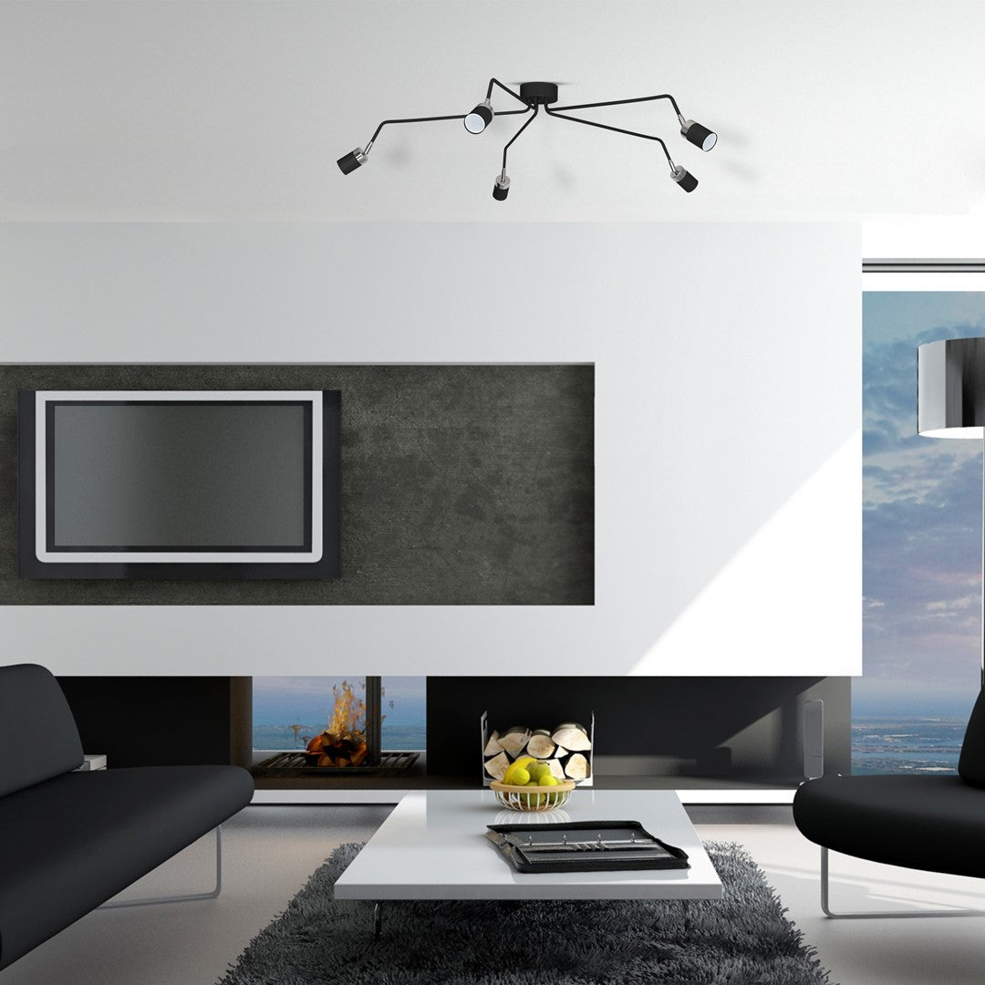 Joker Hand Made Ceiling Lamp In Matt Black With Striking Chrome Detail Featuring 5 Minmalistic Slender Cylinder Shades