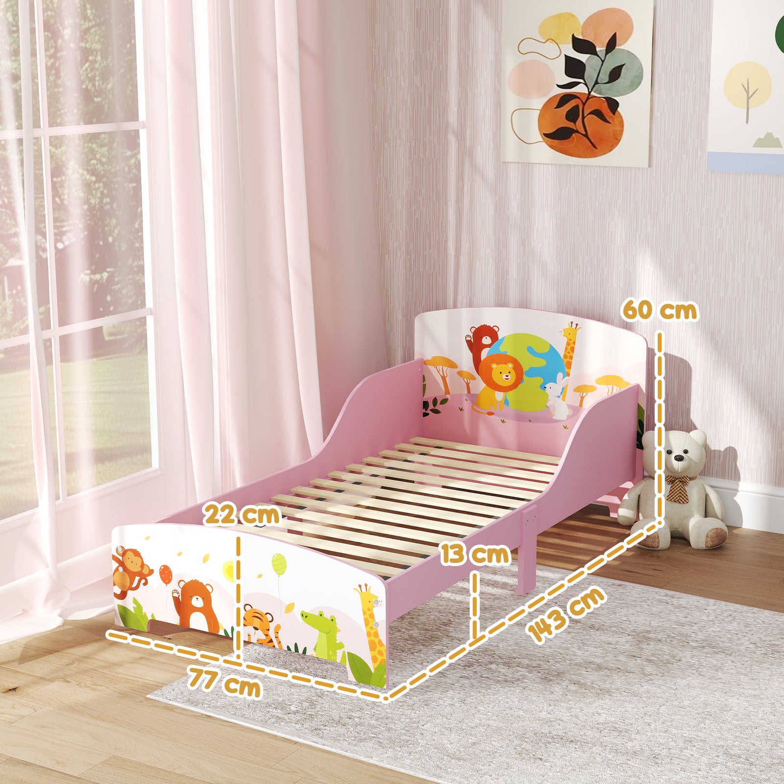 Toddler Bed, Cute Animal-themed Kids Bed Frame W/ Safety Rails, 143 X 77 X 60cm