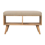 Solid Wood Studded Upholstered Linen Open Bench, 2 Open Shelves, Cream And Beige